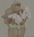 absurd_res anthro arm_hair band-aid band-aid_on_face bandage bandage_on_face beanie blush body_hair brown_body brown_fur bulge butt canid canine canis carrying_another carrying_partner cerberussenn chest_hair clothing digitigrade domestic_dog dreadlocks duo ear_piercing ellipsis emanata facial_hair fish_print flesh_fang floppy_ears freckles fur goatee green_eyes hairy_hands hand_on_leg hands_on_waist happy_trail hat headgear headwear hi_res livestock_guardian_dog louie_sweeto_(cerberussenn) male male/male mammal matching_rings molosser mountain_dog musclegut muscular mustache nub_tail pastoral_dog pattern_clothing pattern_underwear pie_cut_eyes piercing pink_eyes pink_nose plaid plaid_clothing plaid_underwear poof pubes questioning_ellipsis ring rj_holiday_(cerberussenn) romantic romantic_couple scar scars_all_over shirtless signature size_difference skinny skinny_male snaggle_tooth stubble surprised tail thick_thighs tibetan_mountain_dog underwear white_body white_fur wolf