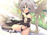  1girl anzu blush flat_chest game_cg grey_hair itou_noiji peace@pieces solo surprised tears thighhighs wings 