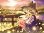  aozora_market arm_support blonde_hair field glowing hat holding moriya_suwako rooftop solo squatting sunlight sunset torii touhou wheat 