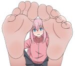  1girl barefoot blue_eyes bocchi_the_rock! bunny_(1softbunny) commentary feet foot_focus gotoh_hitori grey_skirt hair_between_eyes highres jacket long_hair looking_at_viewer open_mouth pink_hair pink_jacket pleated_skirt simple_background skirt soles solo toenails toes white_background 