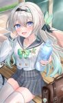  1girl absurdres bag black_hairband black_ribbon bottle bow bowtie brown_bag buttons collarbone collared_shirt commentary_request double-breasted firefly_(honkai:_star_rail) firefly_(spring_missive)_(honkai:_star_rail) gradient_hair green_bow green_bowtie green_pupils grey_hair grey_sailor_collar grey_skirt hair_between_eyes hair_intakes hair_ornament hair_ribbon hairband hand_in_own_hair hand_up handbag highres holding holding_bottle honkai:_star_rail honkai_(series) incoming_drink lilith_bread long_hair multicolored_hair on_bench open_mouth outdoors plaid_bow plaid_bowtie plaid_clothes pleated_skirt ribbon sailor_collar school_bag school_uniform serafuku shirt sitting skirt smile solo sweatdrop textless_version thighhighs tile_floor tiles water_bottle white_shirt white_thighhighs zettai_ryouiki 