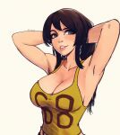  1girl absurdres armpits arms_behind_head artist_name bare_arms bare_shoulders breasts brown_eyes brown_hair cleavage collarbone commentary hands_in_own_hair highres large_breasts lips long_hair original parted_lips presenting_armpit raichiyo33 solo tank_top teeth upper_body yellow_tank_top 
