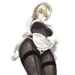  1girl absurdres apron apron_lift bare_shoulders blonde_hair breast_strap breasts clothes_lift commentary english_commentary expressionless frilled_panties frills from_below girls'_frontline girls'_frontline_2:_exilium green_eyes hair_between_eyes hair_ornament hairclip hand_up heart highres hip_focus lifting_own_clothes light_frown looking_at_viewer looking_down maid_headdress medium_breasts medium_hair panties pantyhose ponytail sextans_(girls'_frontline_2) simple_background skin_tight sleeveless solo thighs underwear waist_apron white_apron white_background white_panties yamato3433 