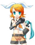  :d bad_id bad_pixiv_id bangs belt buckle cowboy_shot detached_sleeves eko foreshortening hair_ornament hair_ribbon hairclip hatsune_miku holding kagamine_rin long_hair long_sleeves looking_at_viewer microphone midriff multiple_girls navel number open_mouth pointing pointing_at_viewer ribbon short_sleeves smile stomach swept_bangs tattoo twintails vocaloid 