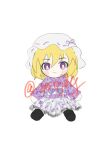  1girl black_shoes blonde_hair blush_stickers character_doll chinese_commentary closed_mouth doll dress hat highres japanese_clothes jsnttzzj long_sleeves maribel_hearn medium_hair mob_cap multicolored_eyes obi purple_dress purple_eyes sash shoes simple_background smile solo touhou twitter_username two-tone_eyes white_background white_hat yellow_eyes 