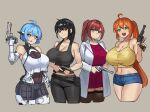  4girls absurdres ahoge black_hair black_leotard black_sclera black_shorts black_tank_top blue_eyes blue_hair blue_shorts breasts brown_background chance8000 cleavage closed_mouth coat colored_sclera commentary commission cropped_legs cyborg double-parted_bangs dress english_commentary green_eyes gun hair_between_eyes handgun heterochromia highres holding holding_gun holding_weapon huge_breasts lab_coat large_breasts leotard long_hair looking_at_viewer mechanical_arms midriff multiple_girls navel open_mouth orange_hair original pink_eyes ponytail red_dress red_eyes red_hair shirt short_hair short_shorts shorts simple_background smile tank_top weapon weapon_request white_coat white_shirt yellow_eyes yellow_tank_top 