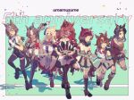 6+girls ahoge animal_ears belt black_boots black_hair black_shirt black_shorts black_thighhighs blonde_hair blue_eyes boots bow bracelet braid breasts brown_eyes brown_hair brown_hairband brown_headband brown_shirt cape checkered_hairband choker closed_mouth commentary_request confetti dress ear_covers ear_ornament ears_through_headwear epaulettes epiphaneia_(umamusume) fedora flower forever_young_(umamusume) gloves gradient_hair green_bow green_choker green_eyes hair_between_eyes hair_ornament hair_over_one_eye hairband hairclip hands_on_own_hips happy_anniversary hat headband highres hissinikaiteru horse_ears horse_girl horse_tail jacket jewelry logotype_(umamusume) long_hair long_sleeves looking_at_viewer marche_lorraine_(umamusume) multicolored_hair multiple_girls necktie open_mouth parted_lips purple_eyes red-tinted_eyewear red_hair red_jacket red_sash rose_kingdom_(umamusume) rulership_(umamusume) running sash shirt short_hair shorts single_ear_cover skirt sleeveless sleeveless_shirt smile socks streaked_hair sunglasses tail thigh_boots thighhighs tinted_eyewear two-tone_hair umamusume victoire_pisa_(umamusume) white_belt white_dress white_gloves white_jacket white_necktie 