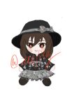  black_dress black_hat blush_stickers bow brown_hair brown_shoes character_doll chinese_commentary closed_mouth clothing_request commentary doll dress floral_print hat hat_bow highres japanese_clothes jsnttzzj long_sleeves obi red_eyes sash shoes simple_background smile taishou touhou twitter_username usami_renko white_background 