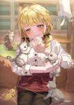  1girl :3 absurdres animal baby_animal baby_bottle blonde_hair blush bottle braid breast_pocket brown_pants cat cat_teaser closed_mouth commentary_request dress_shirt facing_viewer feeding fujita_kotone gakuen_idolmaster heart highres holding holding_animal holding_bottle holding_cat idolmaster indoors kitten long_hair long_sleeves pants pocket shirt sitting solo too_many too_many_cats twin_braids wari_sando white_shirt yellow_eyes 