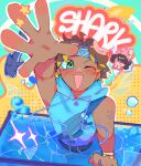  1boy ;d ahoge belt blue_hoodie brown_hair caustics chibi chibi_inset commentary cowboy_shot english_commentary english_text felicie_(killer_chat) foreshortening green_eyes halftone headband highres hood hoodie killer_chat! luca_(killer_chat) male_focus malibebou one_eye_closed outstretched_arm reaching reaching_towards_viewer short_hair sleeveless sleeveless_hoodie smile tan 