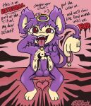 3_toes 4_fingers aipom balls bell bell_collar belly_tattoo big_balls big_ears big_eyes big_penis bodily_fluids chest_tattoo collar collar_only cultist dusk_(psykwol) emoticon eyeliner fake_halo fangs feet fingers fluffy_ears fur generation_2_pokemon genitals hair holding_mouth_open humanoid_genitalia humanoid_penis long_hair makeup male nintendo nonbinary_(lore) nude penis pkfreak pokemon pokemon_(species) pokemorph purple_body purple_fur purple_hair purple_penis red_background red_eyes saliva saliva_on_tongue simple_background solo tail tail_hand tan_body tan_feet tattoo teeth text text_emphasis toes tongue tongue_out unusual_anatomy unusual_tail wide_mouth