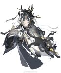  1boy animal arknights black_cat black_eyes black_hair black_horns black_jacket cat chinese_commentary closed_mouth colored_extremities commentary_request dragon_boy dragon_horns earrings eastern_dragon_horns hair_between_eyes highres horns incoming_object jacket jewelry long_hair long_sleeves looking_at_viewer male_focus mask meme momoiro_miruku multicolored_hair pointy_ears ring solo streaked_hair throwing wang_(arknights) watermark weibo_watermark white_background white_hands woe_plague_be_upon_ye_(meme) yellow_eyes 