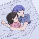  2girls amakazari_eri brown_hair city_(arawi_keiichi) closed_eyes closed_mouth commentary cuddling highres makabe_matsuri multiple_girls nose_bubble open_mouth pillow pink_shirt purple_hair purple_shirt shirt short_hair smile under_covers wichimi yuri 