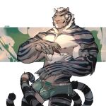  1boy abs animal_ears bara blue_male_underwear boxer_briefs boxers bulge feet_out_of_frame furry furry_male large_hands large_pectorals looking_at_viewer male_focus male_underwear multiple_tails muscular muscular_male nipples original pectorals short_hair smile solo stomach tail thick_eyebrows thick_thighs thighs tiger_boy tiger_ears tiger_stripes tiger_tail topless_male two_tails underwear underwear_only wincalblanke yellow_eyes 