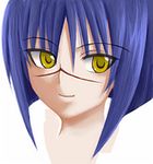  1girl blue_hair busou_renkin lowres scar simple_background solo tsumura_tokiko yellow_eyes 