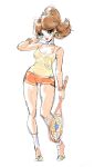  athenawyrm blue_eyes brown_hair earrings flower_earrings full_body high_ponytail highres jewelry mario_(series) mario_tennis midriff open_mouth orange_shoes orange_shorts ponytail princess_daisy racket shoes short_shorts shorts sketch socks tank_top tennis_racket white_socks wristband yellow_tank_top 