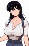  1girl absurdres arato_nagi black_hair blue_eyes breasts cleavage closed_mouth collarbone commentary earrings highres hoop_earrings jewelry large_breasts long_hair raichiyo33 ruri_no_houseki shirt sideways_glance simple_background smile solo suspenders untranslatable_commentary upper_body white_background white_shirt 