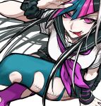  1girl :p black_hair blue_streaks blunt_bangs cowboy_shot crossed_legs danganronpa_(series) danganronpa_2:_goodbye_despair face_piercing looking_at_viewer mioda_ibuki multicolored_hair neckerchief piercing pink_eyes pink_streaks poti_house purple_neckerchief school_uniform serafuku solo streaked_hair thighhighs tongue tongue_out torn_clothes torn_thighhighs white_streaks 