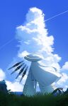  1girl absurdres astra_chichi blue_archive blue_sky cloud colored_skin commentary_request cumulonimbus_cloud day fin_funnels floating floating_object floating_weapon from_behind grass halo hat highres horizon large_hat long_hair malkuth_(blue_archive) ocean outdoors sky sleeves_past_fingers sleeves_past_wrists solo standing very_long_hair white_hair white_hat white_skin yellow_halo 