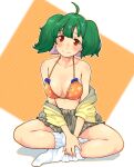  1girl absurdres ahoge bikini bikini_top_only blush bow breasts cleavage closed_mouth clothes_down collarbone full_body green_hair grey_shorts halterneck highres long_hair looking_at_viewer macross macross_frontier medium_breasts orange_bikini purple_bow ranka_lee red_eyes short_shorts shorts sitting smile socks solo sugajyun swimsuit twintails white_socks 