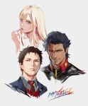  1girl 2boys absurdres asticassia_school_uniform black_hair blonde_hair brown_hair commentary compass_uniform dark-skinned_male dark_skin gigi_andalusia gundam gundam_thunderbolt hair_pulled_back hathaway_noa highres hyde_(tabakko) kenneth_sleg messy_hair multiple_boys portrait school_uniform smile upper_body zaft_uniform 