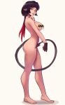 1girl absurdres animal_ears artist_name bar_censor barefoot breasts brown_gloves brown_hair censored censored_nipples commentary fingerless_gloves full_body gloves gradient_hair highres jane_doe_(zenless_zone_zero) large_breasts looking_at_viewer mouse_ears mouse_girl multicolored_hair nude open_mouth raichiyo33 red_hair red_nails single_fingerless_glove smile solo standing tail teeth untranslatable_commentary upper_teeth_only white_background zenless_zone_zero 