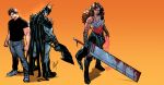  1girl 2boys absolute_batman absolute_dc absolute_superman absolute_wonder_woman absurdres back_spikes bat_mask batman batman_(absolute_dc) cowl dc_comics highres lifting_object lucas_meyer multiple_boys muscular muscular_female muscular_male red_tattoo superhero_costume superman superman_(absolute_dc) tattoo tattoo_sleeve wonder_woman wonder_woman_(absolute_dc) 