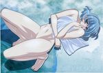  blue_hair blush green_eyes highres kuroda_kazuya laying_down lying meia_gisborn nude scan short_hair towel vandread 