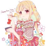  1girl 2019 aozora_saishiki blonde_hair blush chopsticks commentary_request eating floral_background futaba_anzu hair_ribbon happy_new_year highres idolmaster idolmaster_cinderella_girls japanese_clothes kimono long_hair long_sleeves looking_at_viewer low_twintails mochi new_year red_eyes red_kimono red_ribbon ribbon solo twintails white_background wide_sleeves 