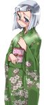  alternate_costume blue_eyes blush gengorou green_kimono japanese_clothes kimono konpaku_youmu silver_hair solo touhou white_background yukata 