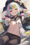  0ldd0r0thy 1girl ai-generated black_pantyhose breasts come_hither commentary_request half-closed_eyes hat highres jogasaki_noah long_hair looking_at_viewer mahou_shoujo_no_majo_saiban mesugaki navel pantyhose partially_unbuttoned small_breasts smug solo stomach unbuttoned unbuttoned_shirt white_hair 
