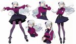  ai-generated commentary_request drowsy_sheep fate/strange_fake fate_(series) fillia_(fate) highres long_hair pleated_skirt red_eyes simple_background skirt white_background white_hair 