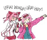  >_< 2girls :d animal_ears blush_stickers bow brown_shirt closed_eyes commentary crossover ear_bow english_commentary fingerless_gloves gloves gym_shirt gym_shorts gym_uniform hairband haru_urara_(bestest_prize)_(umamusume) haru_urara_(umamusume) horse_ears horse_girl horse_tail jacket kaibootsu long_hair multiple_girls ootori_emu open_clothes open_jacket overalls pink_hair pink_jacket ponytail project_sekai red_gloves red_hairband shirt short_hair shorts simple_background smile tail umamusume white_background white_bow white_jacket white_shirt xd 