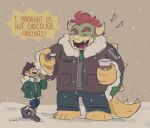 2024 2_horns 4_fingers 4_toes anthro artist_name barefoot beverage big_nose black_boots black_bottomwear black_clothing black_footwear black_pants blue_bottomwear blue_clothing blue_pants blush blush_lines boots bottomwear bowser brown_clothing brown_coat brown_sky brown_topwear candy chocolate clothed clothed_anthro clothed_human clothed_male clothing coat colored container cup curved_horn dessert digital_drawing_(artwork) digital_media_(artwork) duo earmuffs english_description english_text eyebrows eyes_closed feet fingers food footwear fully_clothed fully_clothed_anthro fully_clothed_human fully_clothed_male fur_trim_(clothing) fur_trim_coat gloves green_clothing green_coat green_gloves green_handwear green_head green_scarf green_sweater green_topwear gustygardns hair hand_in_pocket handwear happy hi_res holding_beverage holding_container holding_cup holding_object horn hot_chocolate human king koopa larger_anthro larger_male luigi male male_anthro male_human mammal mario_bros motion_lines nickname nintendo open_clothing open_coat open_mouth open_smile open_topwear outside pants patch_(fabric) pockets red_hair red_tongue royalty scalie scarf shaded shell shoes short_hair size_difference sky smaller_human smaller_male smile snow snowing speech_bubble spiked_shell spiked_tail spikes spikes_(anatomy) standing steam straight_legs sweater tail tail_motion tailwag talking_to_another tan_body tan_horn tan_skin tan_spikes text thick_eyebrows toes tongue topwear white_mouth winter yelling yelling_at_another yellow_feet yellow_hands yellow_tail