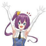  1girl :d armpits arms_up assault_lily bare_shoulders blue_eyes blue_shirt blush collared_shirt commentary elbow_gloves gloves hair_ribbon high_side_ponytail highres kawanabe_nazuna long_hair looking_at_viewer notice_lines odaiba_girls_high_school_uniform open_mouth outstretched_arms purple_hair ribbon school_uniform shirt side_ponytail simple_background sleeveless sleeveless_shirt smile solo two-tone_shirt upper_body washi-san white_background white_gloves white_shirt yellow_ribbon 