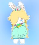 2023 anthro arms_bent blonde_hair blue_background blue_bottomwear blue_clothing blue_eyes blue_shorts bottomwear closed_frown clothed clothed_anthro clothed_female clothing colored crossover crown digital_drawing_(artwork) digital_media_(artwork) ear_piercing english_description featureless_legs female female_anthro front_view frown frowning_at_viewer full-length_portrait fully_clothed fully_clothed_anthro fully_clothed_female fur gem hair hair_over_eye headgear hi_res holding_object holding_plushie lagomorph long_ears long_hair looking_at_viewer mammal mario_bros mario_plus_rabbids_sparks_of_hope mitten_hands mouth_closed nintendo noseless outline peypey_mei1925 piercing plushie portrait rabbid rabbid_rosalina raving_rabbids rayman_(series) ruby_(gem) sapphire_(gem) seam_(sewing) shaded shorts simple_background sleeves_past_fingers solo standing star_ear_piercing straight_legs sweater tan_eyelids tan_inner_ear teal_clothing teal_sweater teal_topwear topwear ubisoft white_body white_fur white_outline