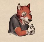 anthro antisemitism bigotry bracelet caricature claws clothing ears_up echo_(game) echo_(series) echo_project fur happy happy_merchant jewelry leo_alvarez looking_down male open_mouth red_body red_fur reynard_goodfellow rubbing_hands shirt smile solo teeth teeth_showing topwear