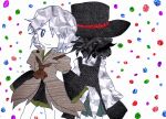  2others androgynous ascot back-to-back black_coat black_hair black_kimono black_shorts blue_gem brown_ascot brown_coat chinese_commentary closed_mouth coat coattails collage_(medium) collared_coat commentary_request cowboy_shot dot_nose enraku_tsubakura from_behind gem green_gem green_hakama grey_eyes grey_hair hakama hakama_short_skirt hakama_skirt hat highres houlen_yabusame japanese_clothes jinbei_(clothes) kimono lapels layered_sleeves len'en long_sleeves medium_hair messy_hair multiple_others notched_lapels one-eyed other_focus puffy_short_sleeves puffy_sleeves purple_gem red_gem shirt short_kimono short_over_long_sleeves short_sleeves shorts sidelocks skirt sleeveless sleeveless_coat sleeves_past_fingers sleeves_past_wrists smile tailcoat top_hat weihe_wuya_xiang_zhuo_tai white_background white_shirt wide_sleeves 