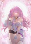  1girl bare_shoulders black_shorts breasts cleavage commentary corset elf elysia_(herrscher_of_human:_ego)_(honkai_impact) elysia_(honkai_impact) english_commentary hair_ornament highres honkai_(series) honkai_impact_3rd kipuru large_breasts long_hair looking_at_viewer pink_hair pointy_ears purple_eyes short_shorts shorts solo thighs triquetra very_long_hair white_corset 