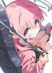  1girl black_skirt blue_eyes bocchi_the_rock! chain commentary dot_nose foreshortening from_above gotoh_hitori guitar_case highres holding holding_chain instrument_case instrument_case_on_back jacket looking_at_viewer looking_up pink_hair pink_jacket pink_track_suit shinshin_(ssnsn_oekaki) skirt solo sweat track_jacket track_suit 