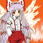  bangs bow cowboy_shot fiery_wings fujiwara_no_mokou gengorou hair_bow long_hair long_sleeves looking_at_viewer pants red_eyes solo standing suspenders touhou very_long_hair white_hair wings 