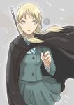  a blonde_hair cape claymore claymore_(sword) cynthia_(claymore) face grey_eyes hair_over_shoulder long_hair looking_away low_twintails school_uniform snowing solo sword tea_(nakenashi) twintails weapon wind 