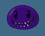 anthro eye_black eye_contact fangs hi_res looking_at_another male open_mouth purple_body simple_background slime smile solo teeth teeth_showing tooth_gap toothy_grin toothy_smile