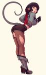 1girl absurdres animal_ears artist_name ass black_gloves black_hair black_shorts boots brown_pantyhose commentary english_commentary full_body gloves gradient_hair grey_boots grey_jacket high_heel_boots high_heels highres jacket jane_doe_(zenless_zone_zero) leaning_forward long_hair midriff mouse_ears mouse_girl mouse_tail multicolored_hair pantyhose pantyhose_under_shorts raichiyo33 red_hair shorts sideways_glance simple_background solo standing tail tongue tongue_out torn_clothes torn_pantyhose white_background zenless_zone_zero 