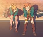  1boy 1girl bag between_legs blue_jacket bracelet brown_eyes brown_pants brown_shirt brown_shoes buttons chidouin_sara closed_mouth collared_shirt commentary_request floor green_necktie hair_ornament hairpin hand_between_legs hand_in_own_hair hands_on_own_knees high_ponytail jacket jewelry kimi_ga_shine kneehighs long_sleeves looking_at_another necktie on_floor pants peonrin pink_skirt ponytail purple_socks school_bag shirt shoes shoulder_bag sitting skirt smile socks sunset tazuna_joe 