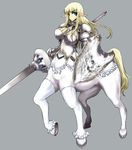  aoguu armor blonde_hair breasts centaur fantasy green_eyes huge_breasts lance long_hair monster_girl original pointy_ears polearm shield solo thighhighs weapon 