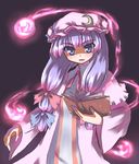  akiyasu book bow glowing hat long_hair magic open_mouth patchouli_knowledge pink_bow purple_eyes purple_hair solo touhou 