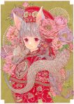  1girl absurdres animal_print bird_print blush braid clothing_request commentary_request dragon eastern_dragon flower grey_hair hair_flower hair_ornament hat hat_flower headwear_request highres long_hair longyan looking_at_viewer original peony_(flower) red_eyes red_robe robe small_dragon smile solo traditional_media upper_body 