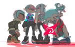  2boys 2girls bowl_cut earrings from_below highres hime_cut inkling inoue_seita jewelry multicolored_hair multiple_boys multiple_girls official_art red_eyes shoes shorts sneakers spiked_hair splatoon splatoon_(manga) splatoon_(series) splatoon_2 sunglasses twintails white_background x-blood 