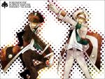  2boys belt black_belt black_coat black_hat black_pants character_name coat commentary copyright_name cowboy_shot dress_shirt emmet_(pokemon) facing_another facing_to_the_side green_necktie grey_eyes grin halftone hat high_collar holding holding_poke_ball ingo_(pokemon) looking_to_the_side loose_necktie male_focus military_coat military_hat multiple_boys necktie open_clothes open_coat outstretched_arm pants poke_ball pokemon pokemon_bw red_trim screentones shirt shirt_tucked_in side-by-side sleeves_rolled_up smile sun-baby turning_head white_background white_coat white_hat white_pants white_shirt wind 